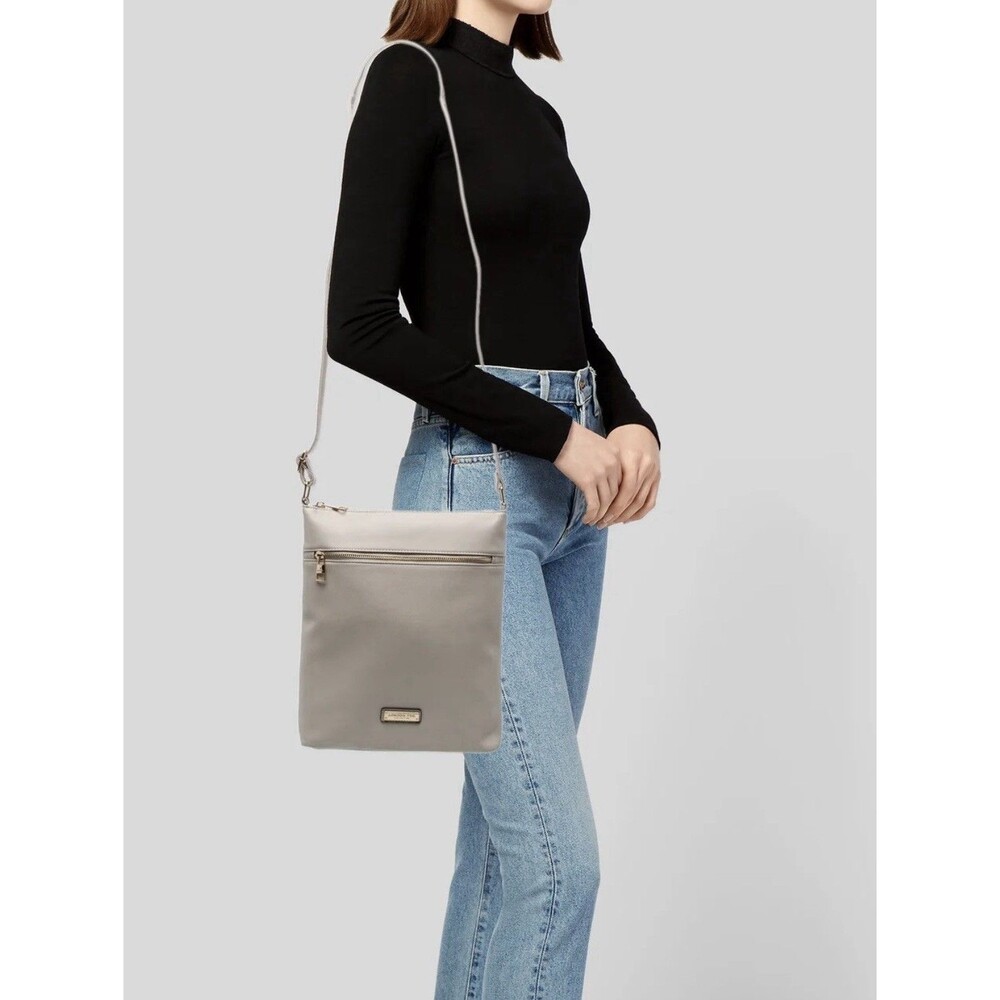London Fog Lorraine Leather Logo Zip Square Neutral Crossbody Bag Purse NWT